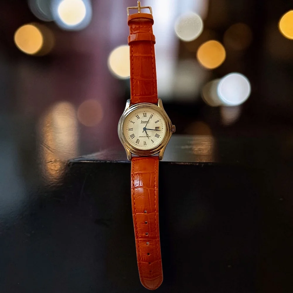 Stauer Metropolitan Watch Mens 39mm Gold Tone Dial Leather Band Date WORKS VIDEO